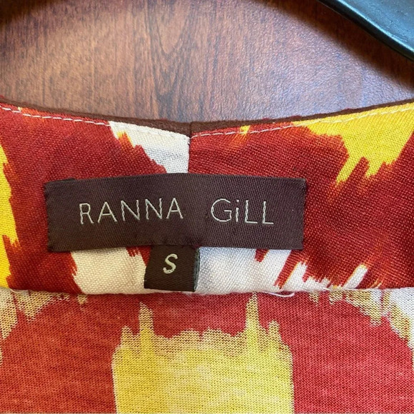 ANTHROPOLOGIE Ranna Gill Silk Kaftan Tunic Ikat Red & Yellow Beaded Size Small - Picture 4 of 6